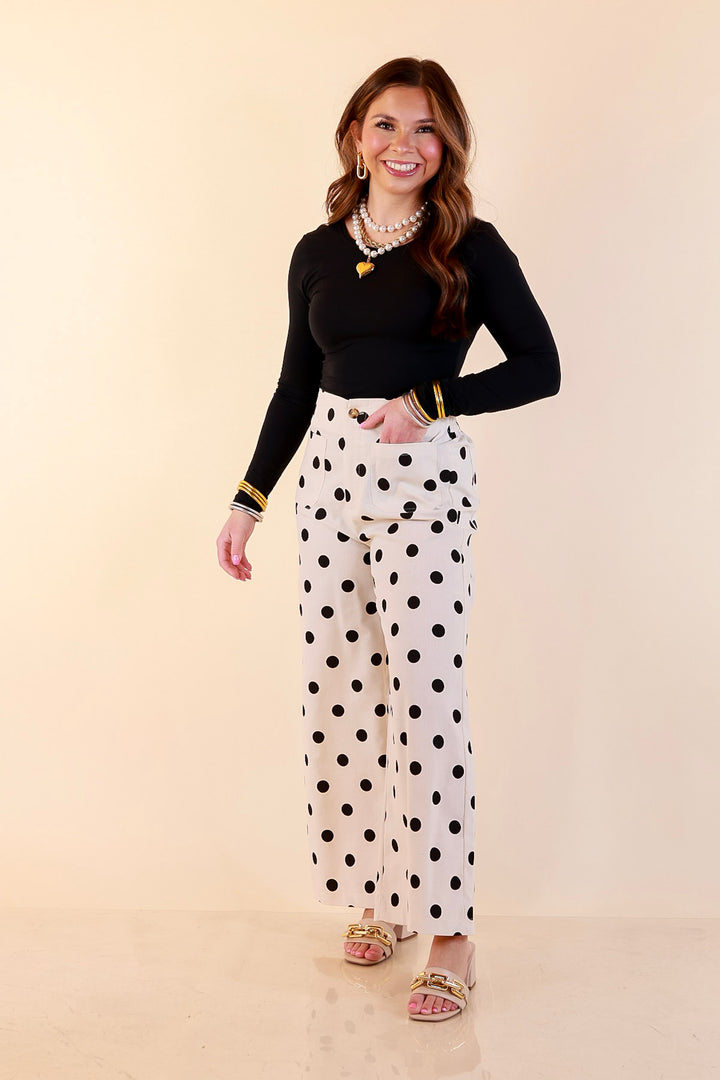 Spot on Style Wide Leg Black Polka Dot Print Pant with Front Patch Pocket in Cream