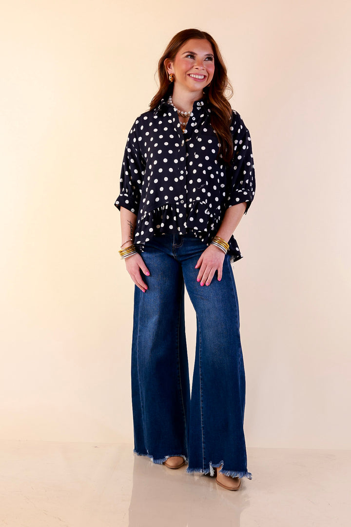 Style Agenda Button Down Peplum Top with Polka Dot Print in Navy Blue with Cream Dots