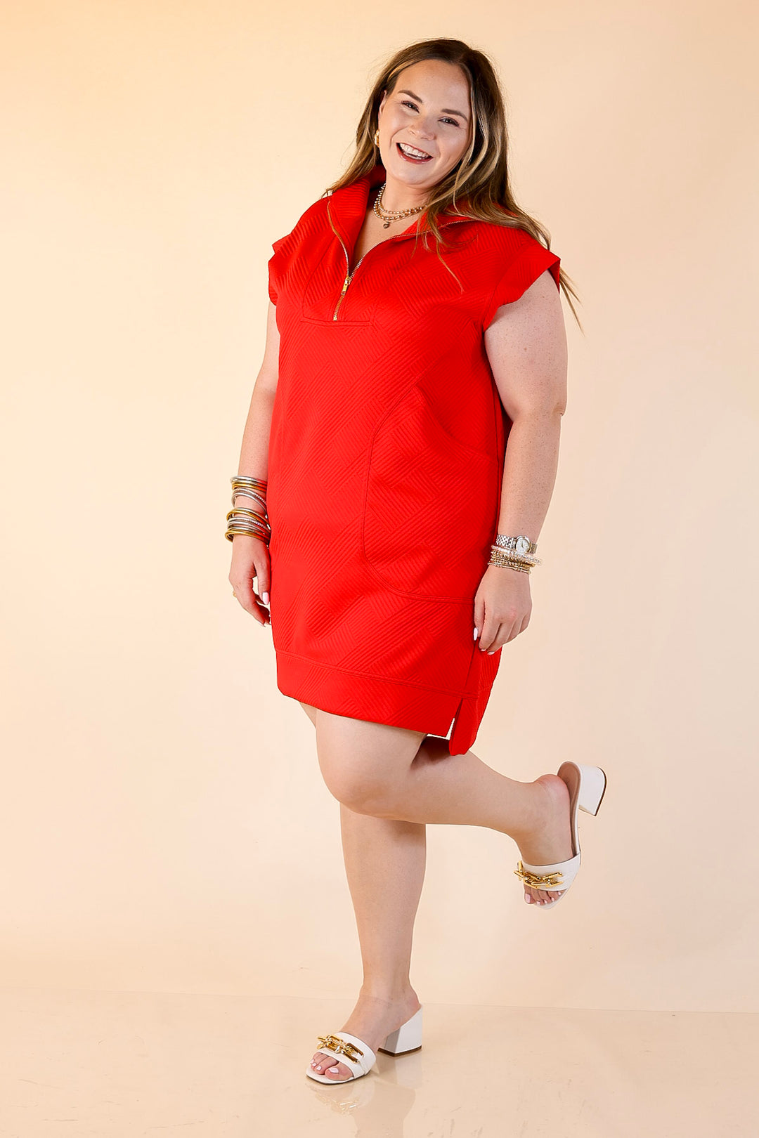 Modern Classic Cap Sleeve Dress with a Collar and Textured Detailing Dress in Red