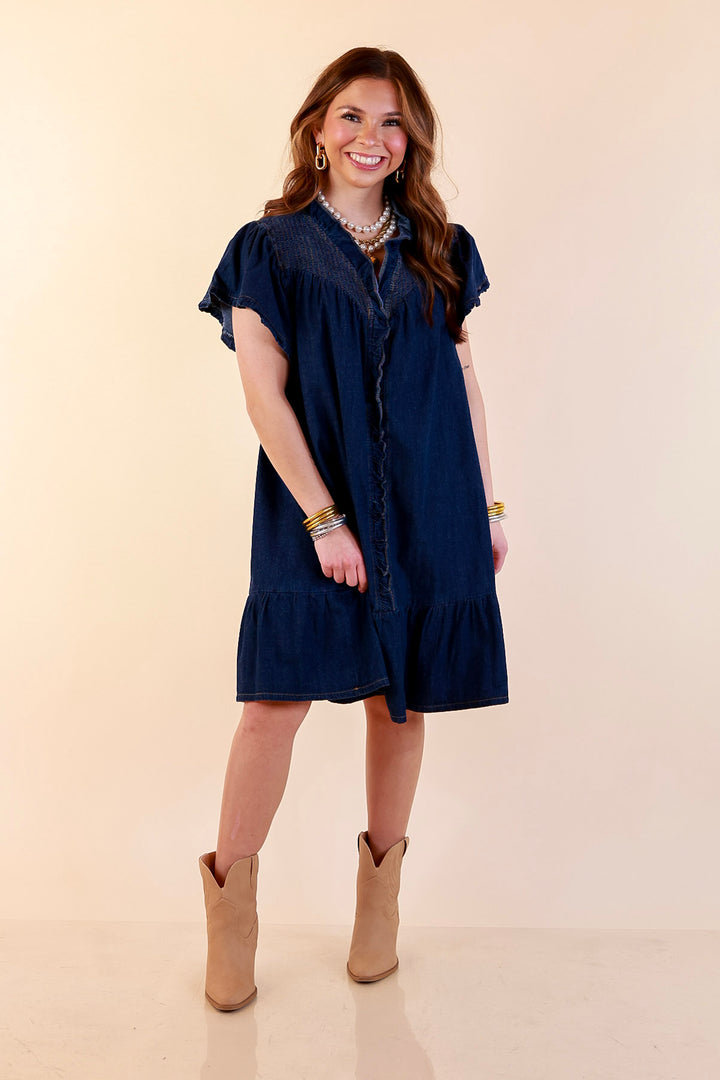 Day to Day Denim Smocked Yoke Dress with Ruffle Front and Flutter Sleeves in Dark Wash