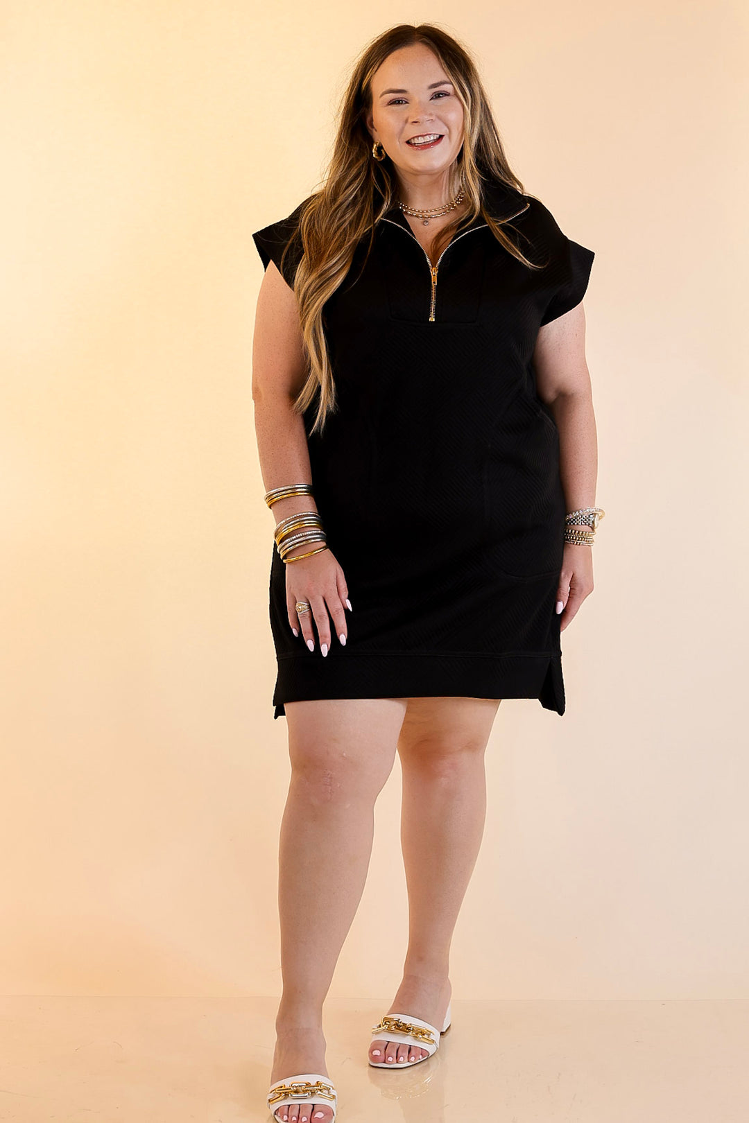 Modern Classic Cap Sleeve Dress with a Collar and Textured Detailing Dress in Black