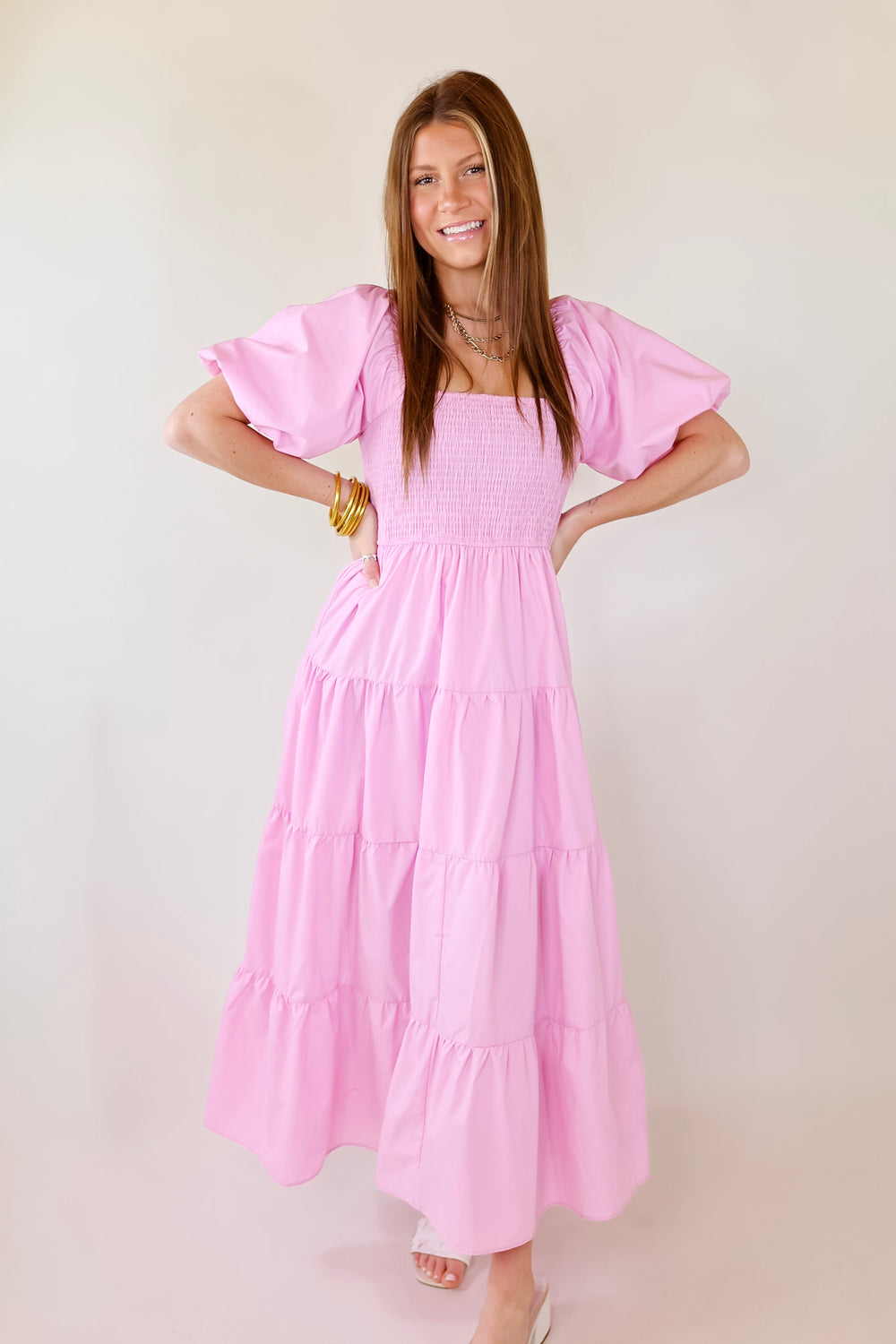 Santorini Sunshine Short Balloon Sleeve Maxi Dress in Light Pink - Giddy Up Glamour Boutique