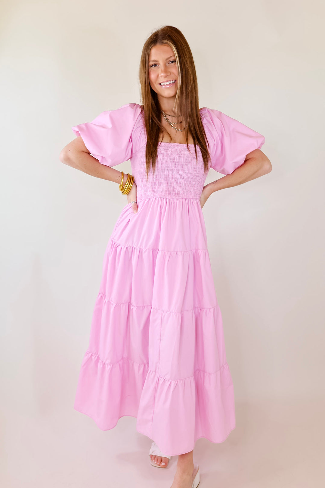 Santorini Sunshine Short Balloon Sleeve Maxi Dress in Light Pink - Giddy Up Glamour Boutique