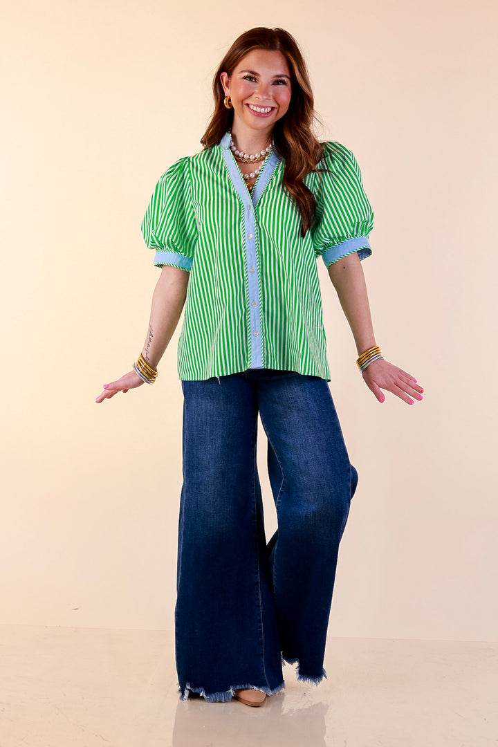 Pop of Polish Short Puff Sleeve Button Front Top with Contrast Trim in Kelly Green, White and Sky Blue