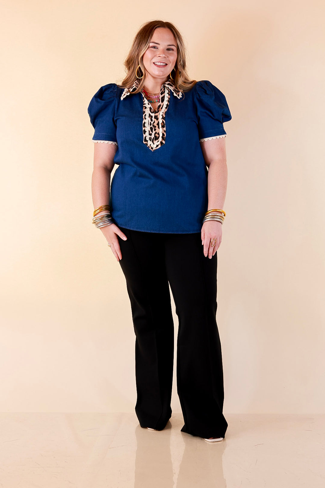 Chic in Command Contrast Leopard Print Trim with Ruffle Detailing Puff Sleeve Top in Denim