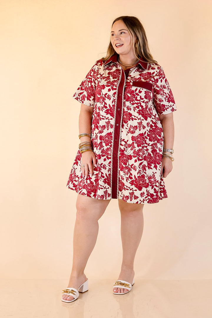 Chic Perspective Collared Button Up Floral Toile Shift Dress in Maroon