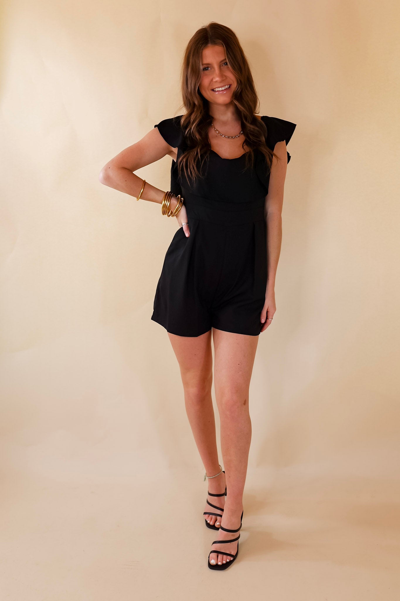 Charmingly Cute Ruffle Upper Romper in Black - Giddy Up Glamour Boutique
