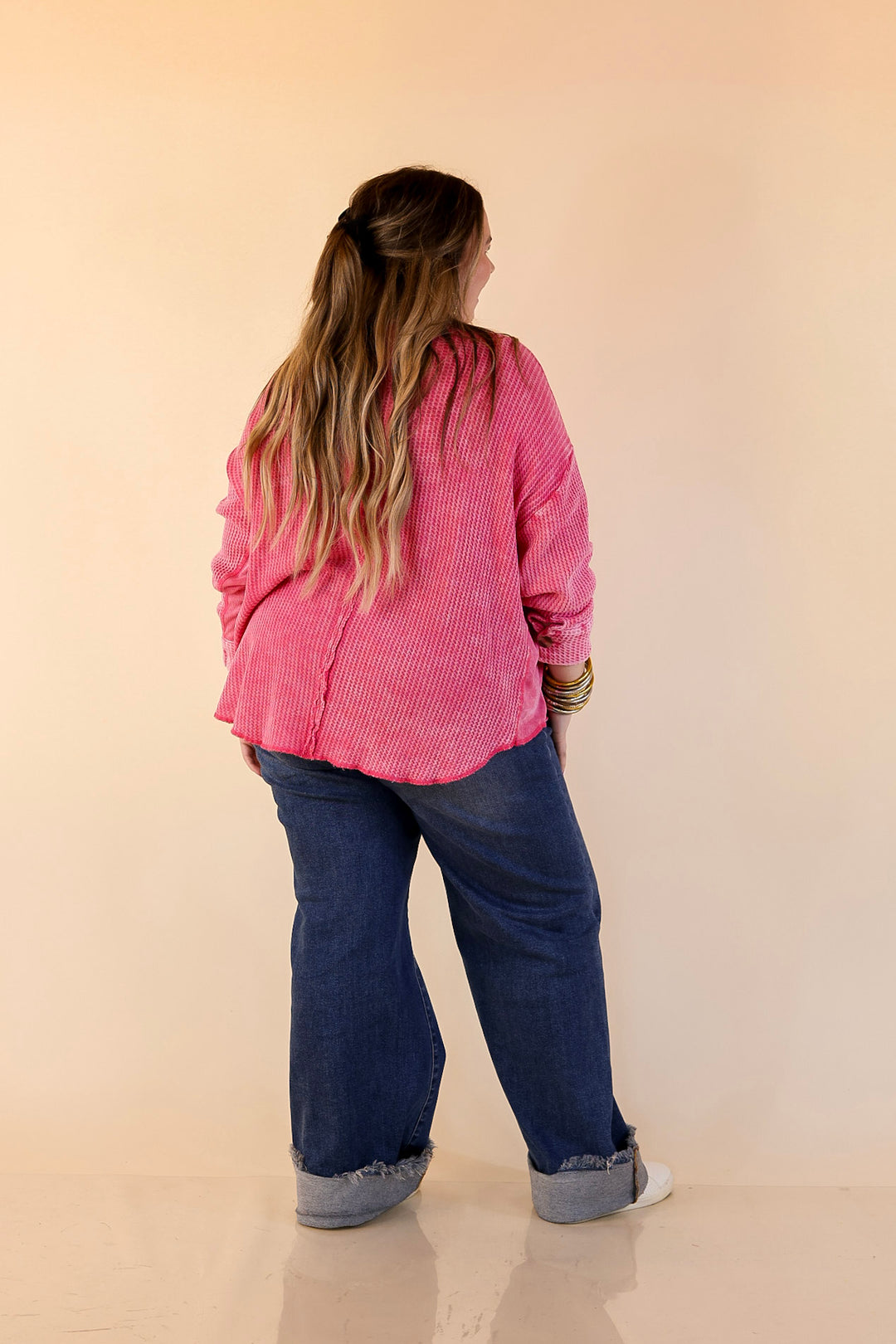 On the Move Long Sleeve Waffle Knit Button Up Shacket in Pink