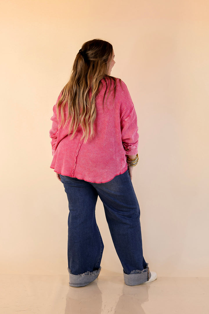 On the Move Long Sleeve Waffle Knit Button Up Shacket in Pink