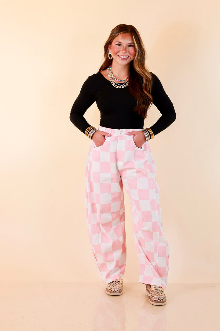 Check Me Out Wide Leg Checkered Print Barrel Denim Jean in Pink