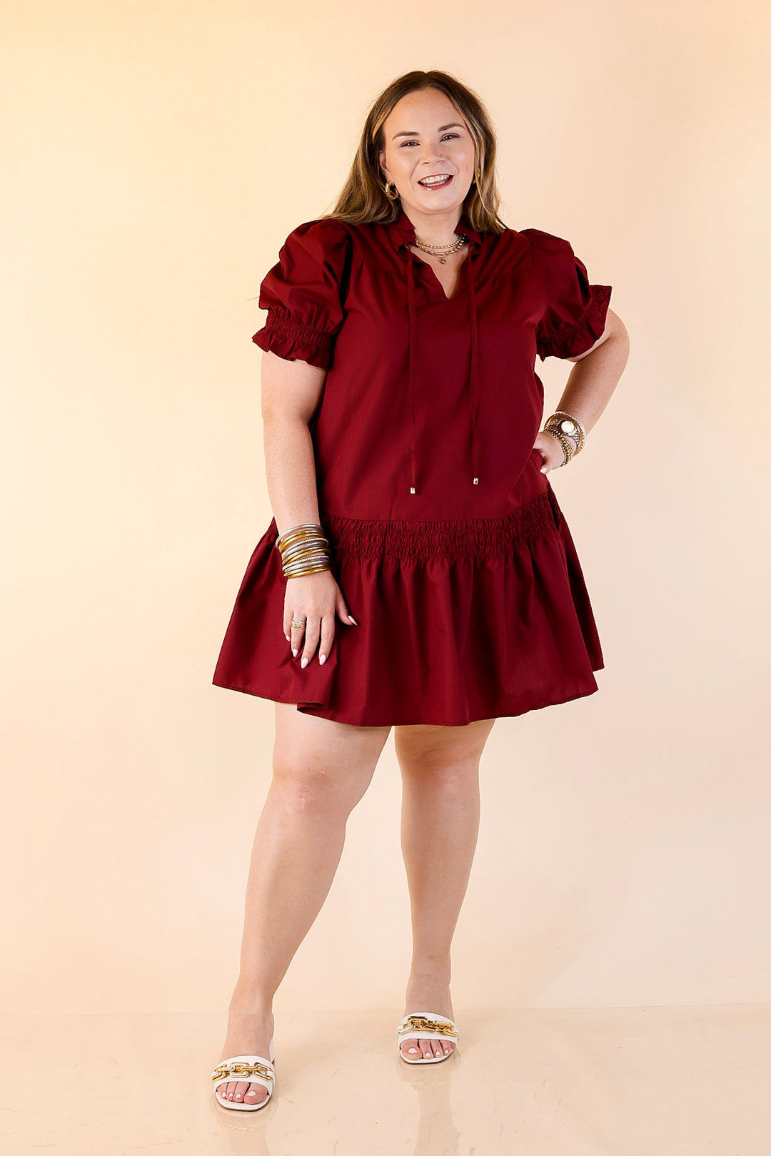 Sugar and Chic Peplum Solid Dress with Puff Sleeves in Maroon