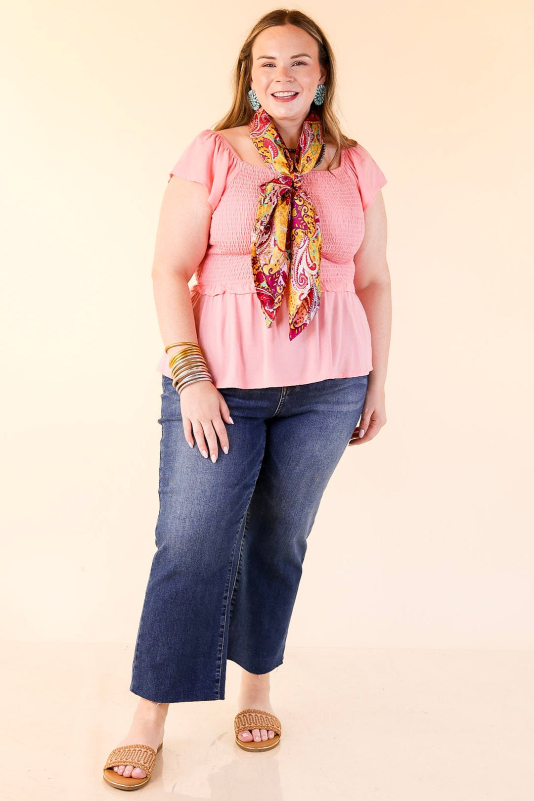 Ruffle Me Up Smocked Bodice Peplum Top with Ruffle Cap Sleeves in Coral Pink