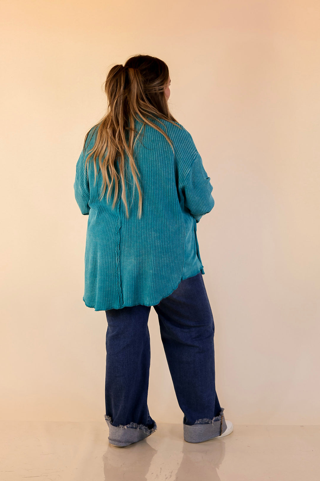 On the Move Long Sleeve Waffle Knit Button Up Shacket in Turquoise Blue