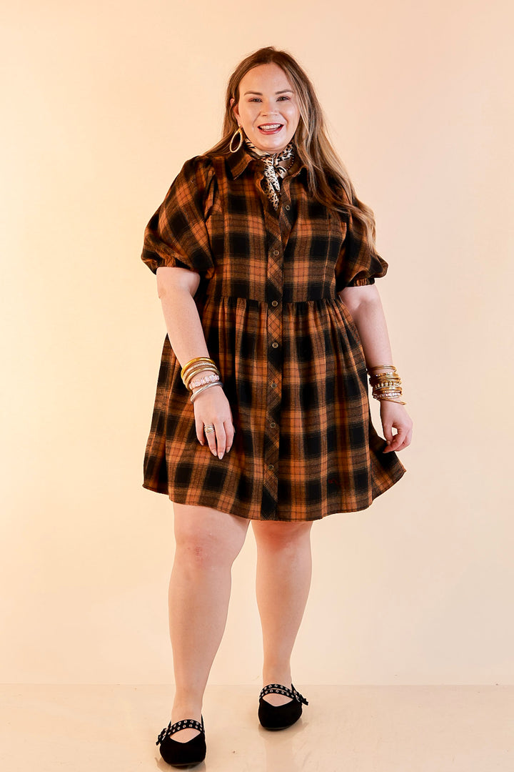 Adventures Ahead Plaid Button Up Babydoll Dress in Camel Brown