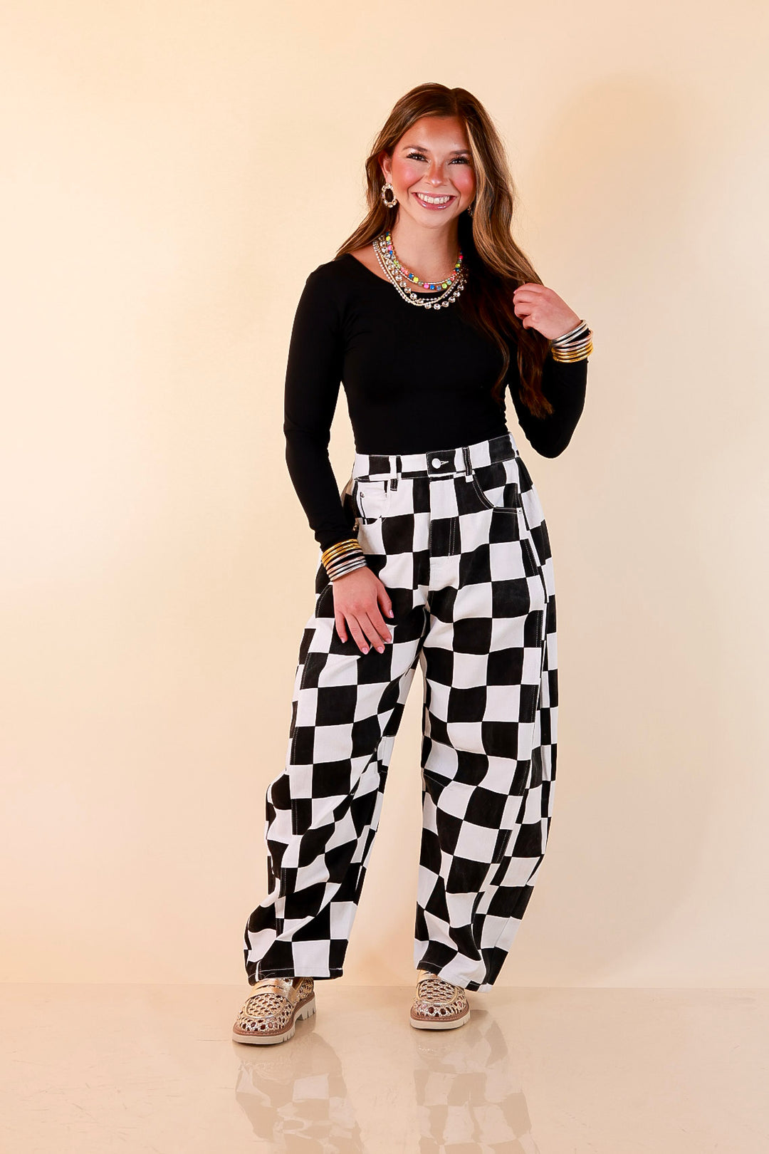 Check Me Out Wide Leg Checkered Print Barrel Denim Jean in Black
