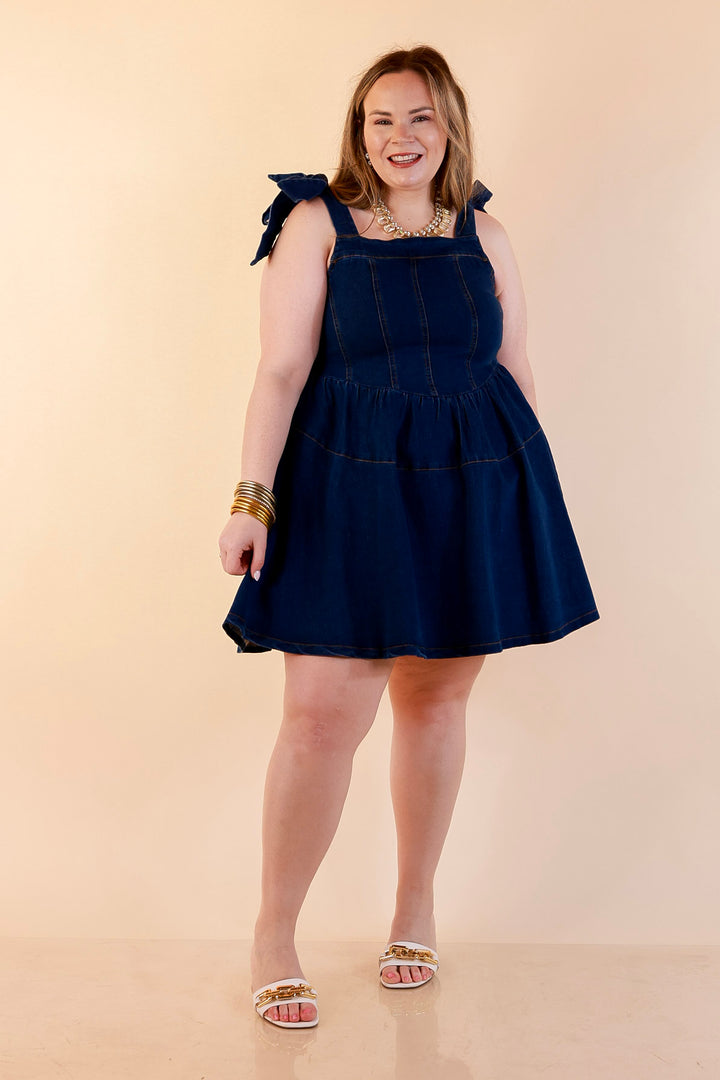 Denim Daydream Tie Shoulder Square Neck Tiered Corset Denim Mini Dress in Dark Wash