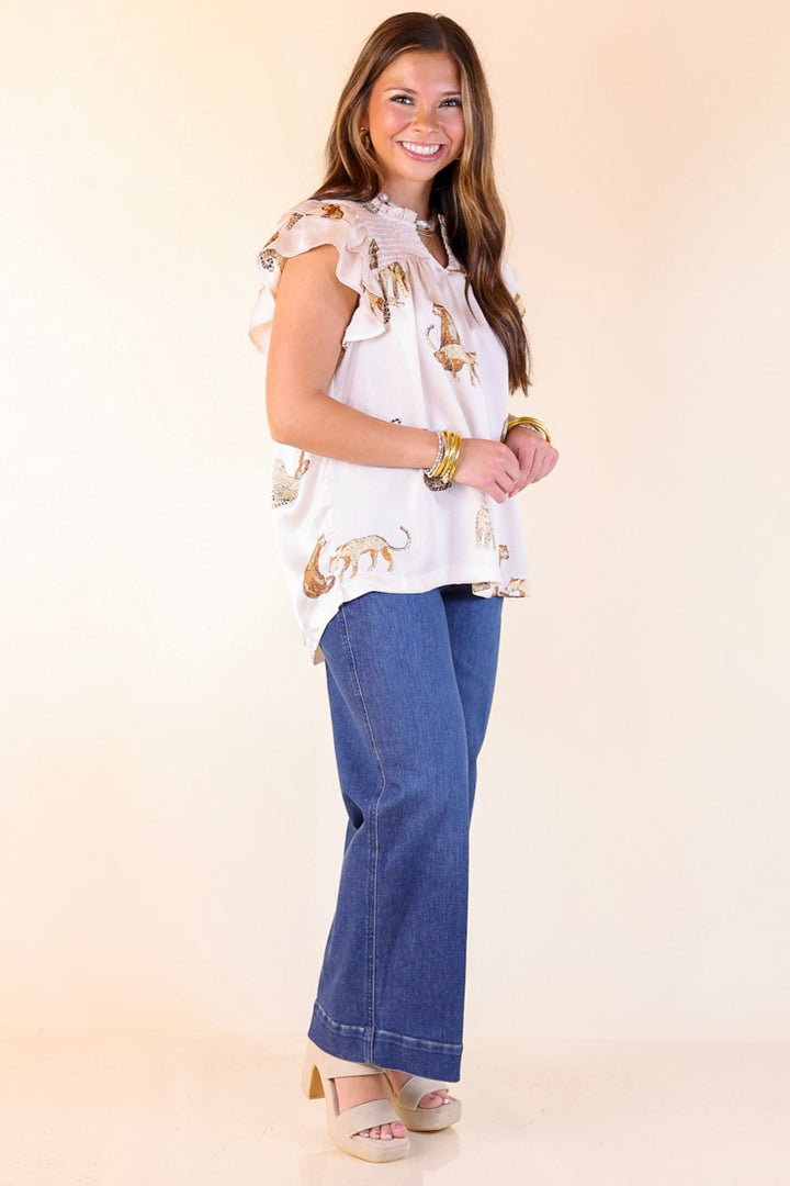 Wildly Sweet Leopard Print Blouse with Smoked Yoke and Ruffle Sleeves in Cream