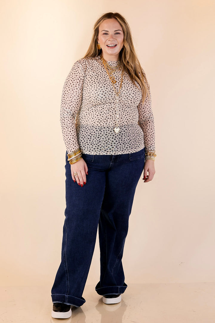 Western Dream Black Star Print Mesh Long Sleeve Top in Ivory