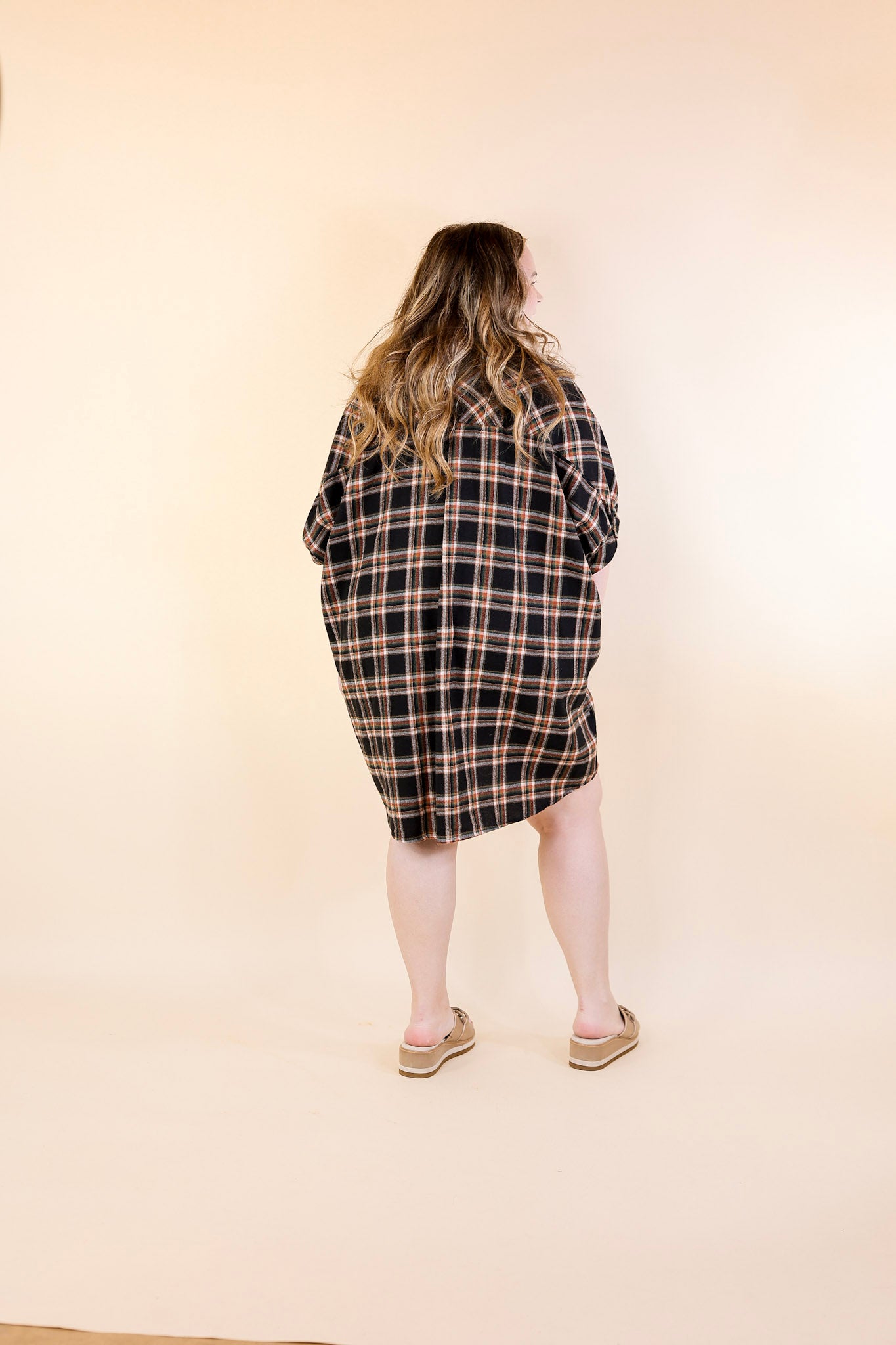 Cozy And Kind Button Up Plaid Dress in Black