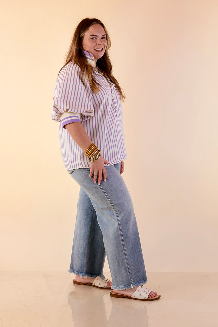 Bold Instincts Striped Print Half Zip Top with Puff Sleeves in Lavender Purple and Ivory