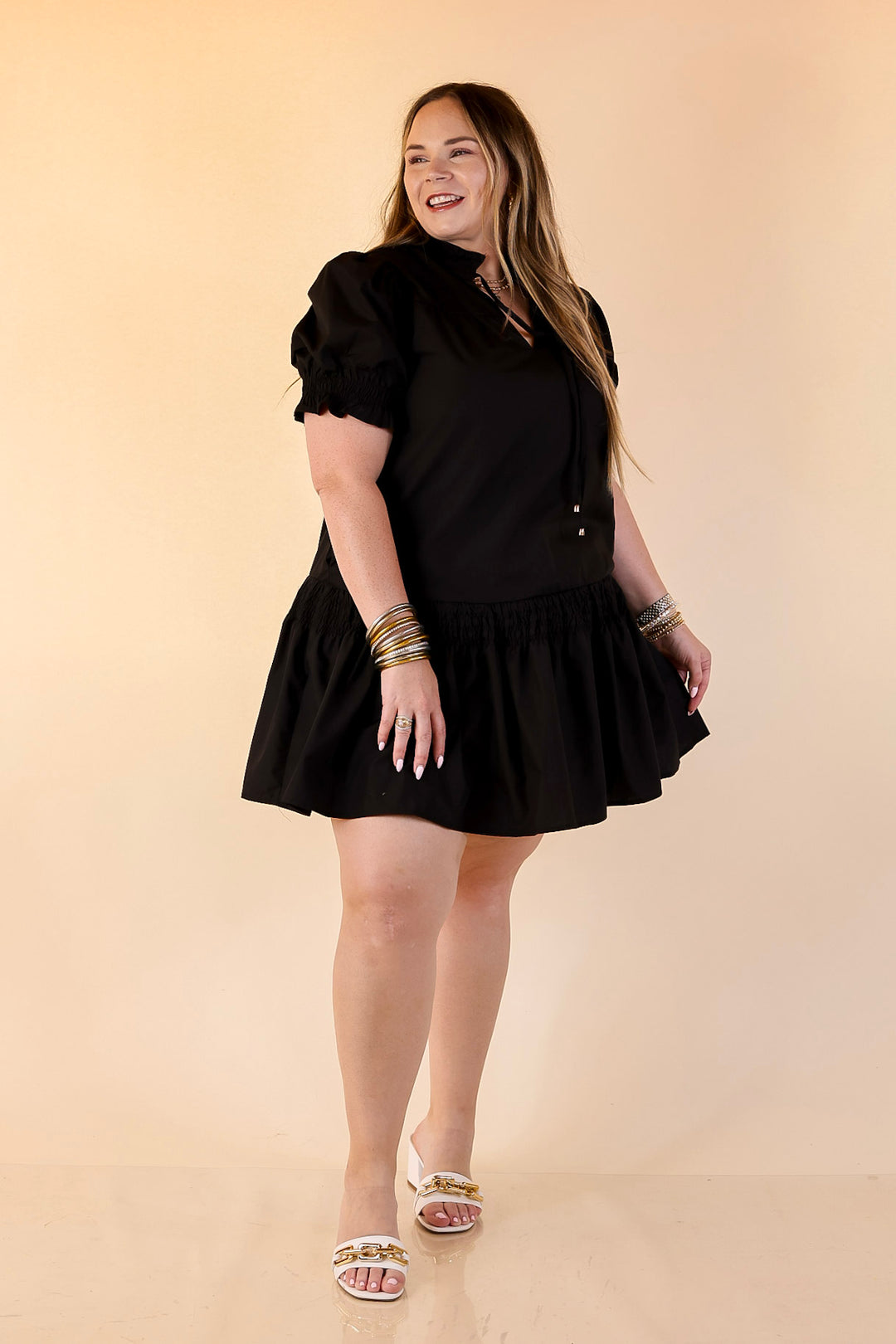 Sugar and Chic Peplum Solid Dress with Puff Sleeves in Black