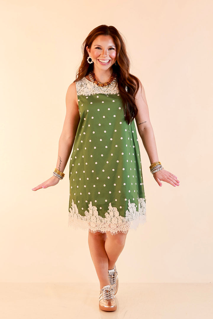 Lovely Little Details Polka Dot Lace Trim Sleeveless Shift Dress in Olive Green and Ivory