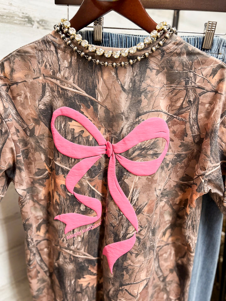 Simply Southern | Southern Belle Front &amp; Back Pink Bow Short Sleeve Graphic T-Shirt in Camouflage