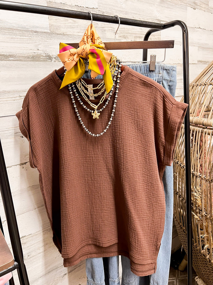 Always Appropriate Short Sleeve Linen Top with Rolled Sleeve Detail in Chocolate Brown