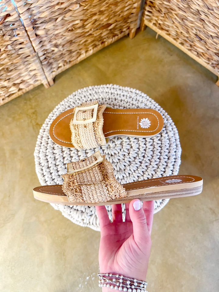 Yellow Box | Hamlyn Raffia Buckle Slide Sandals in Natural
