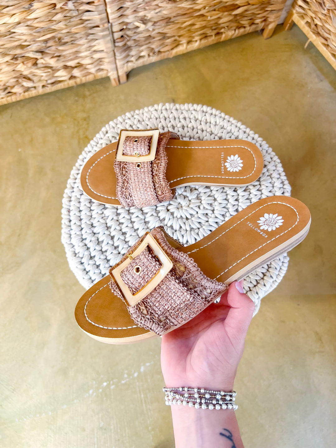 Yellow Box | Hamlyn Raffia Buckle Slide Sandals in Tan
