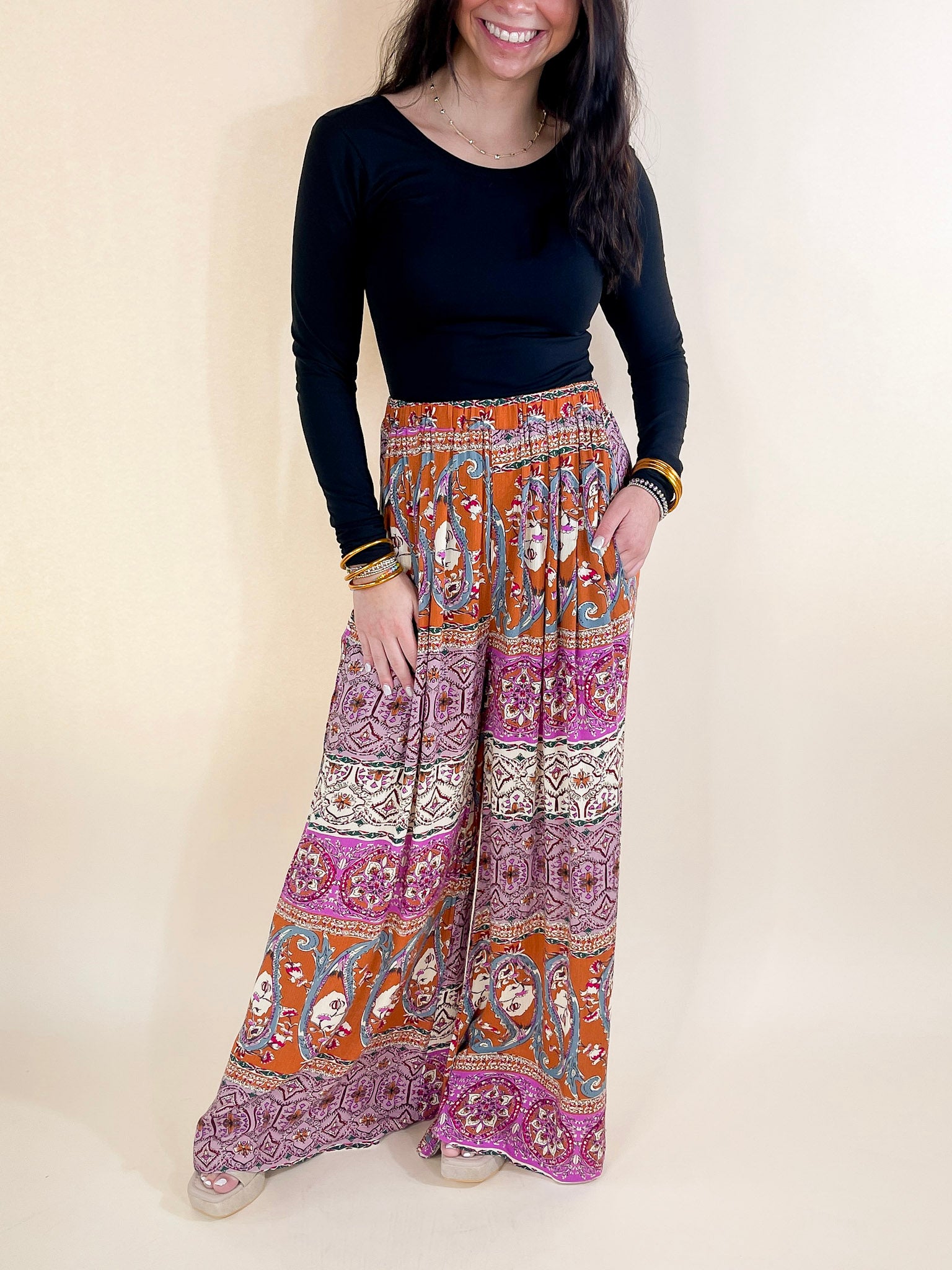 Slight Change Elastic Waist Floral Print Wide Leg Palazzo Pants in Rust Orange Mix