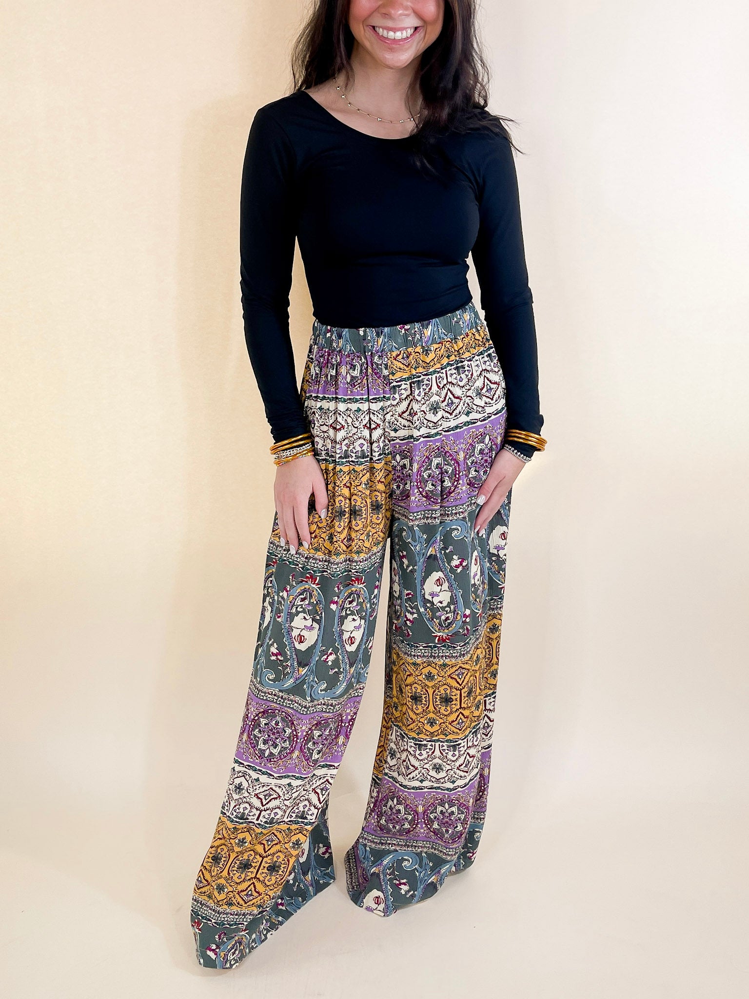 Slight Change Elastic Waist Floral Print Wide Leg Palazzo Pants in Green Mix