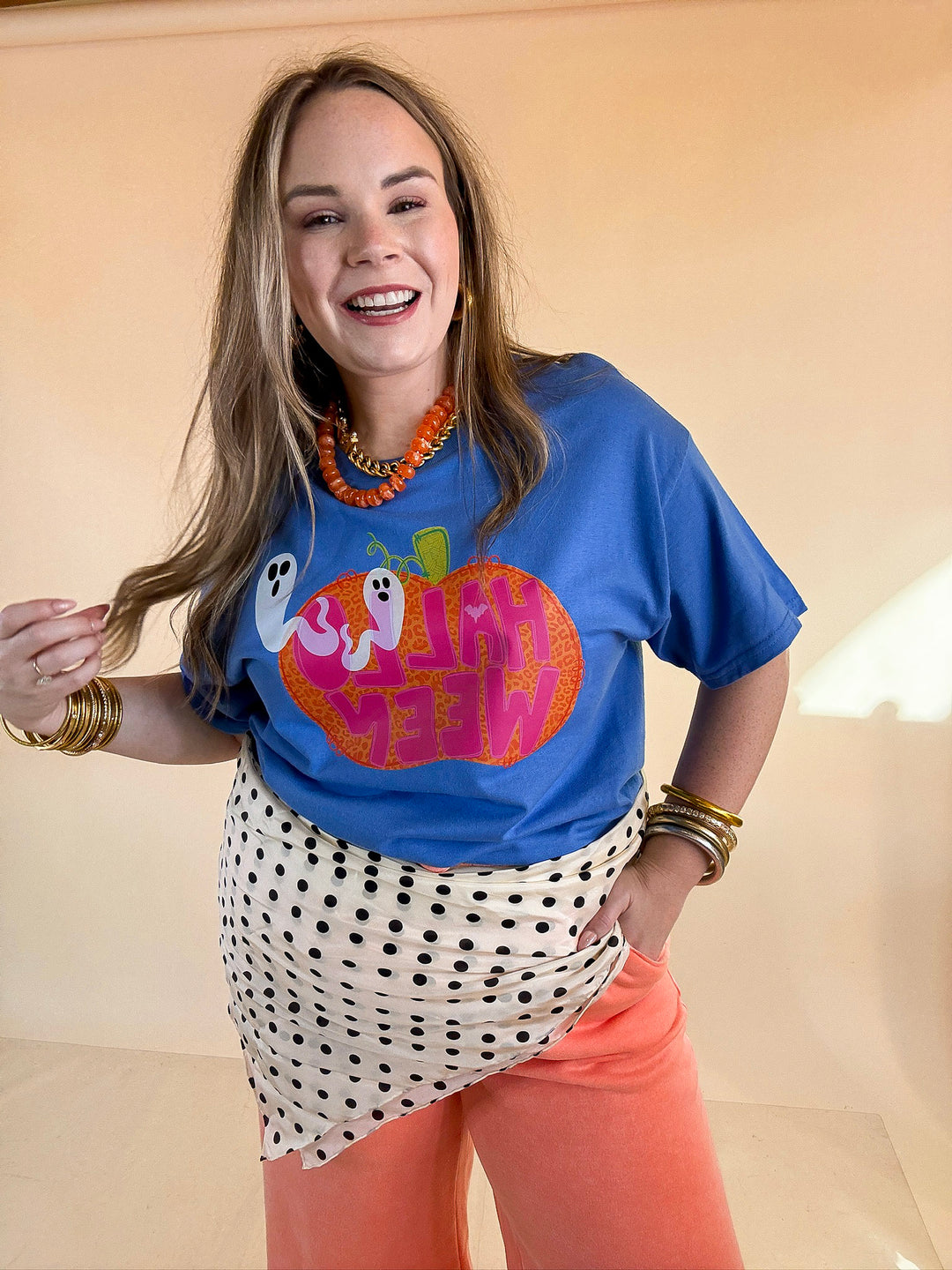 Boo Thing Colorful Leopard Print Pumpkin and Ghost Halloween Graphic Tee in Periwinkle Blue