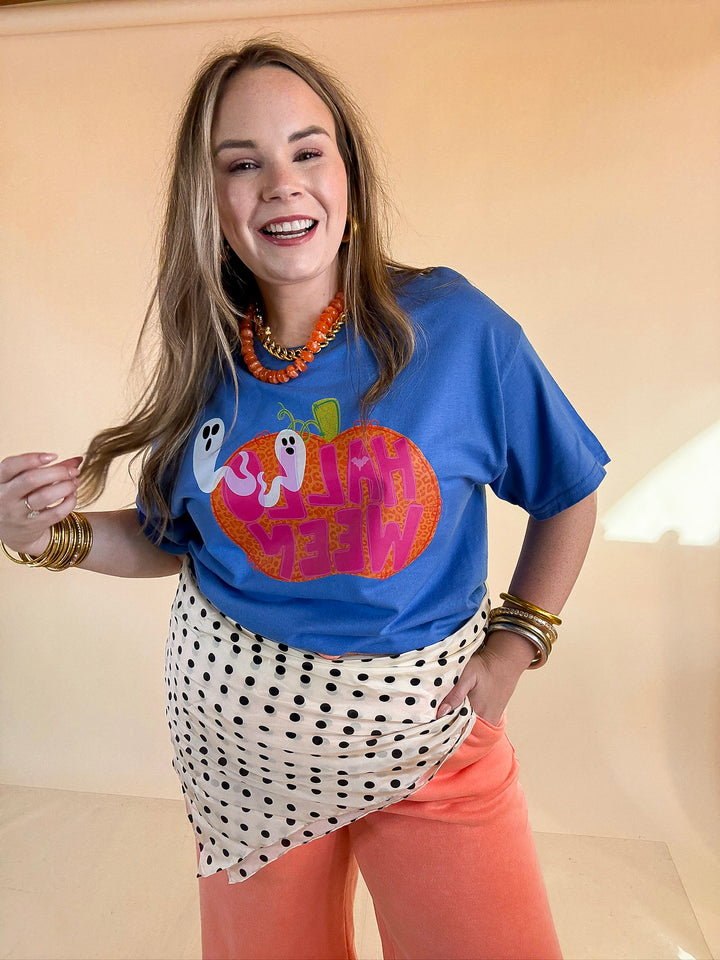 Boo Thing Colorful Leopard Print Pumpkin and Ghost Halloween Graphic Tee in Periwinkle Blue