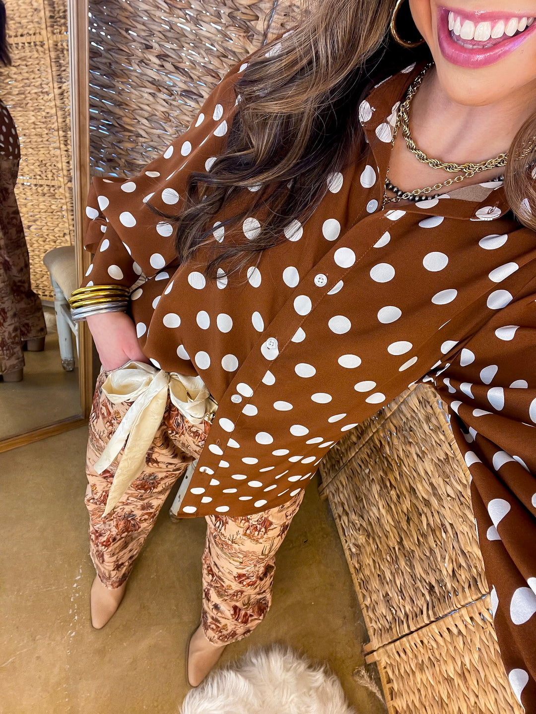 Story of the West Straight Leg Raw Hem Western Print Pants in Taupe Brown