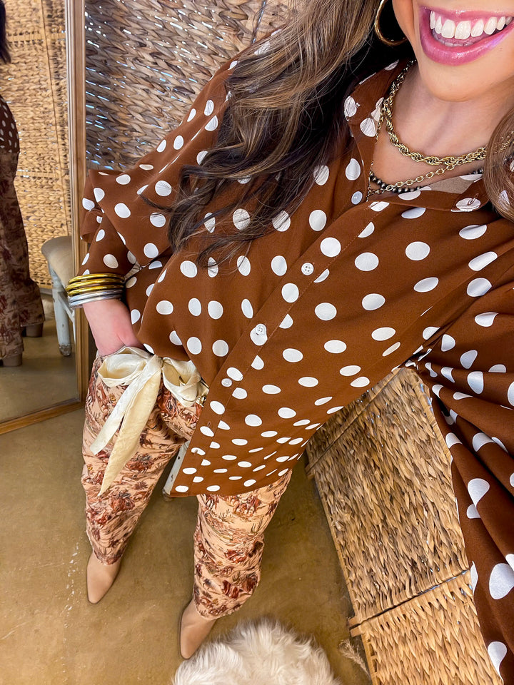 Story of the West Straight Leg Raw Hem Western Print Pants in Taupe Brown