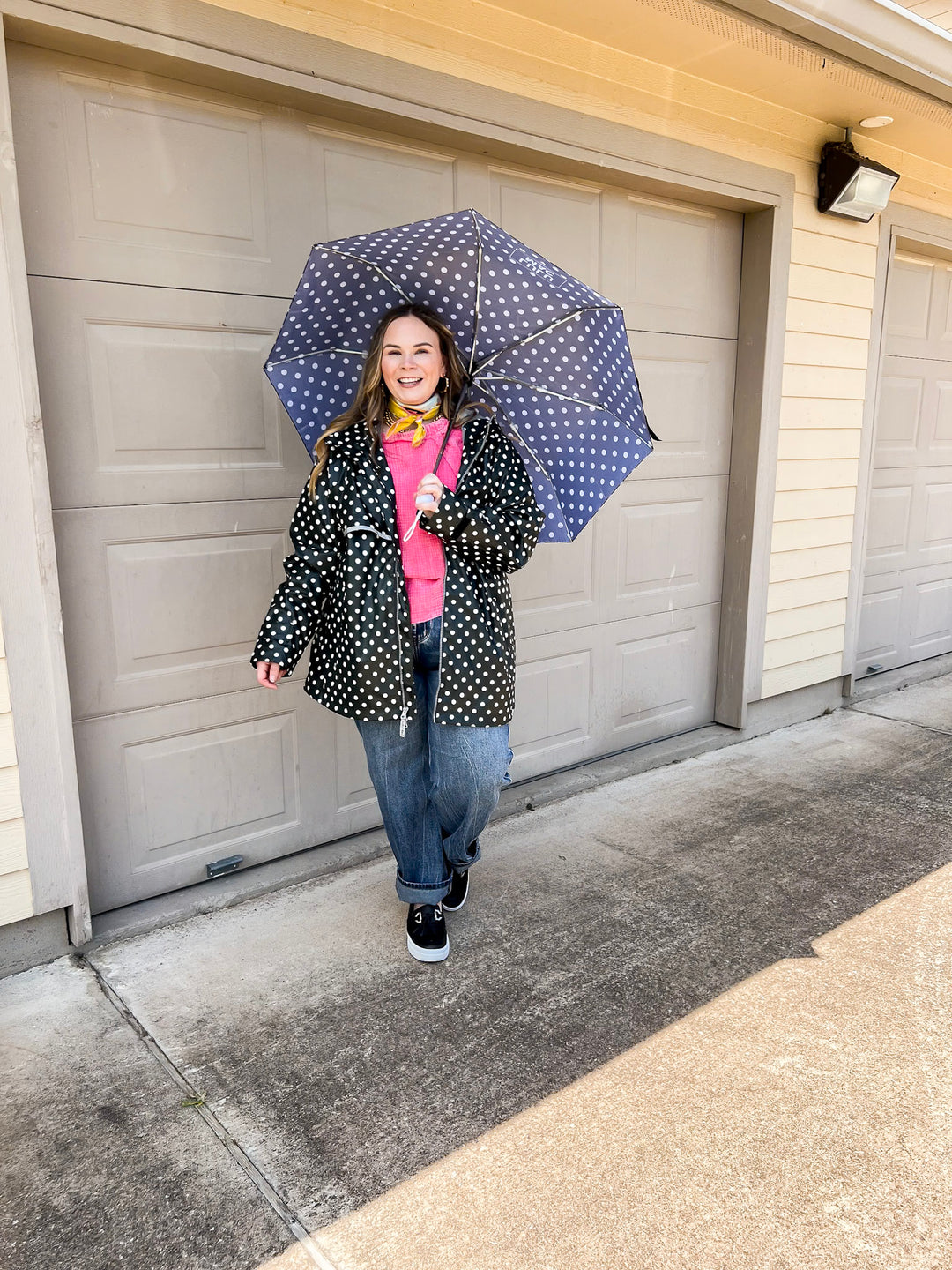 Lulu Mac | Chic Forecast Ivory Polka Dot Hooded Rain Jacket in Black