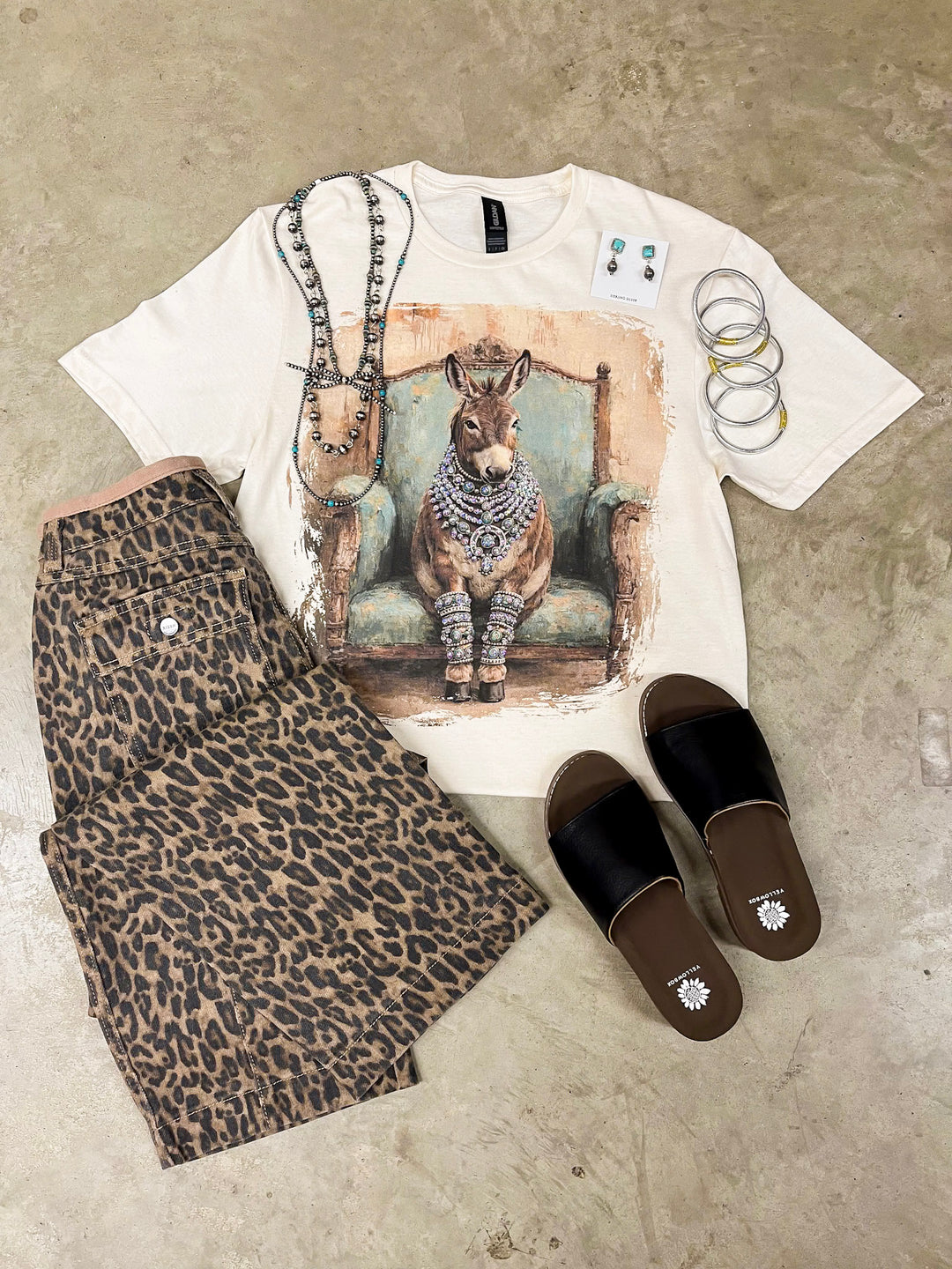 Turquoise Tilly Glam Turquoise Blue Donkey Short Sleeve Graphic Tee with Crystals in Cream