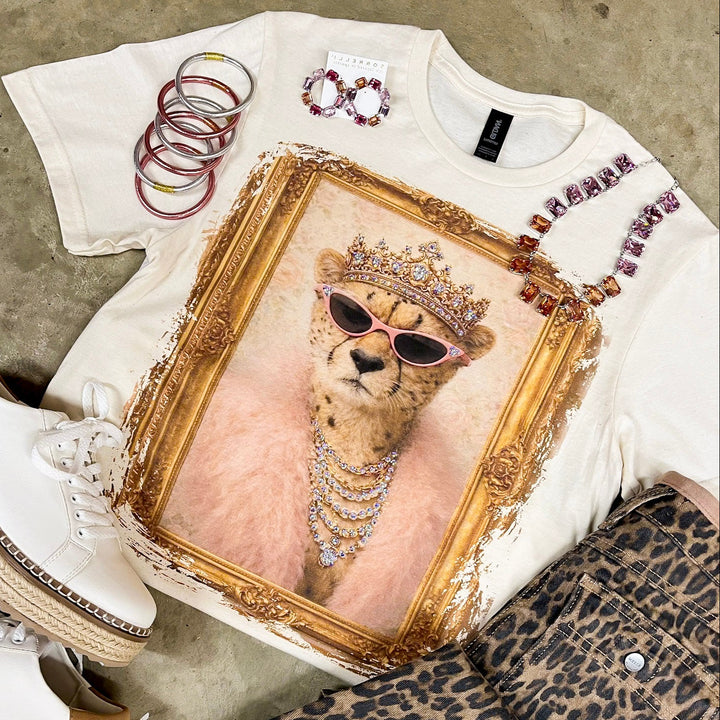 Queen Cat Glam Cheetah Short Sleeve Graphic Tee with Crystals in Cream