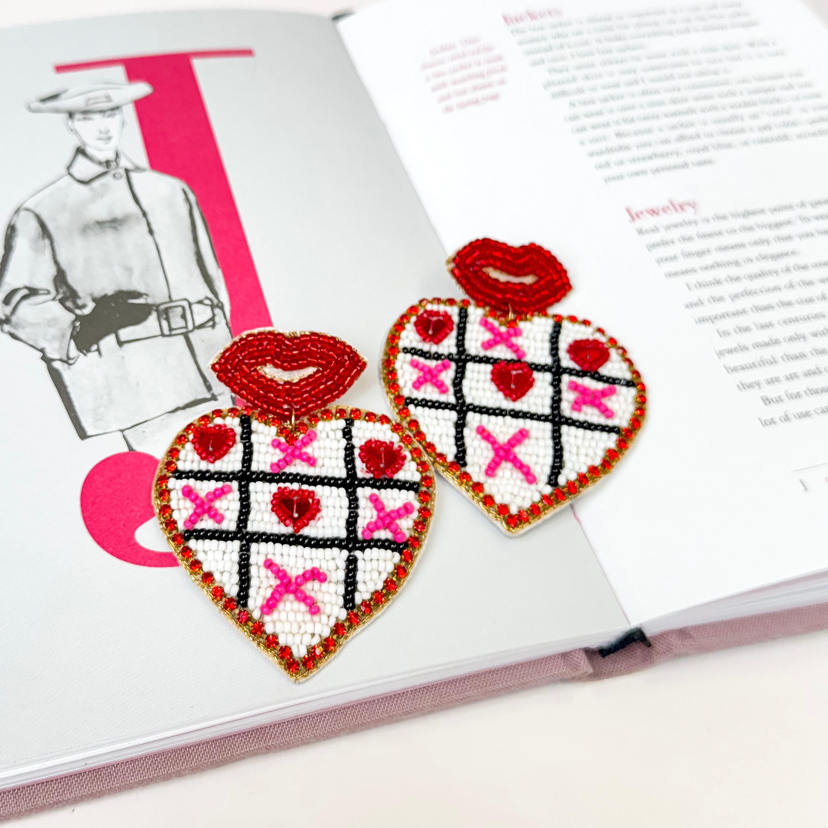 Beaded Heart Shaped Tic Tac Toe Earrings in Red - Giddy Up Glamour Boutique