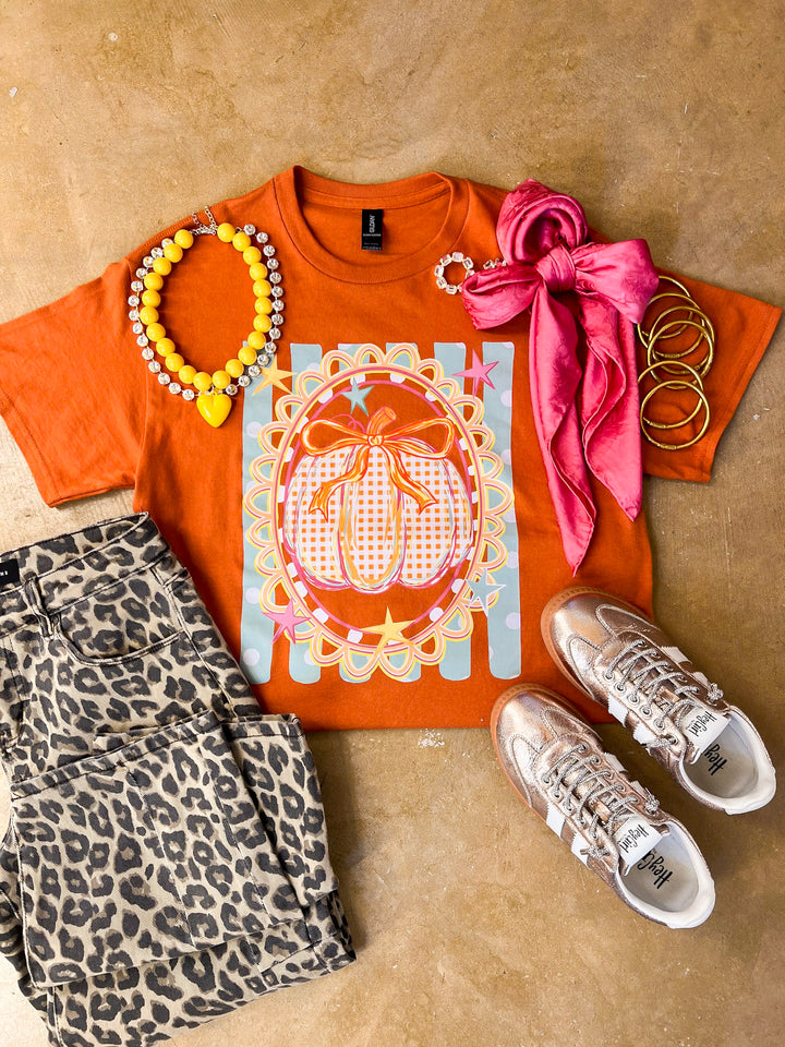 Sweet on the Season Gingham Pumpkin, Stripe and Polka Dot Design with Bow Detail Fall Graphic Tee in Rust Orange