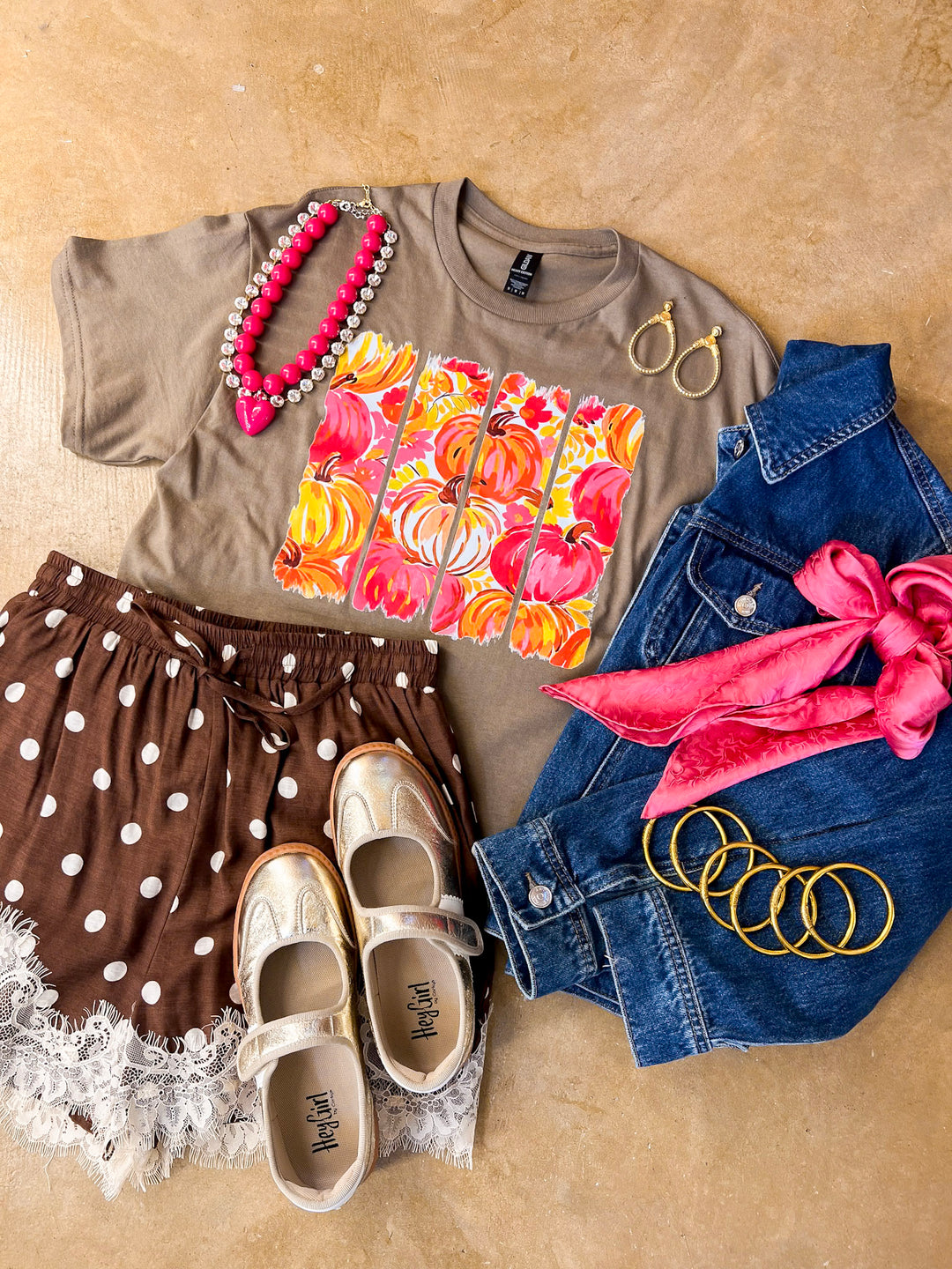 Art of the Season Painted Pumpkin and Floral Watercolor Stripes Fall Graphic Tee in Brown