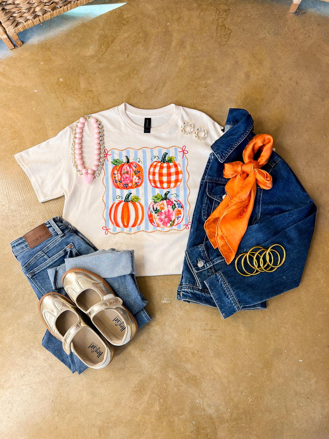 Prettiest in the Patch Stripe and Pumpkin Fall Graphic Tee in Natural