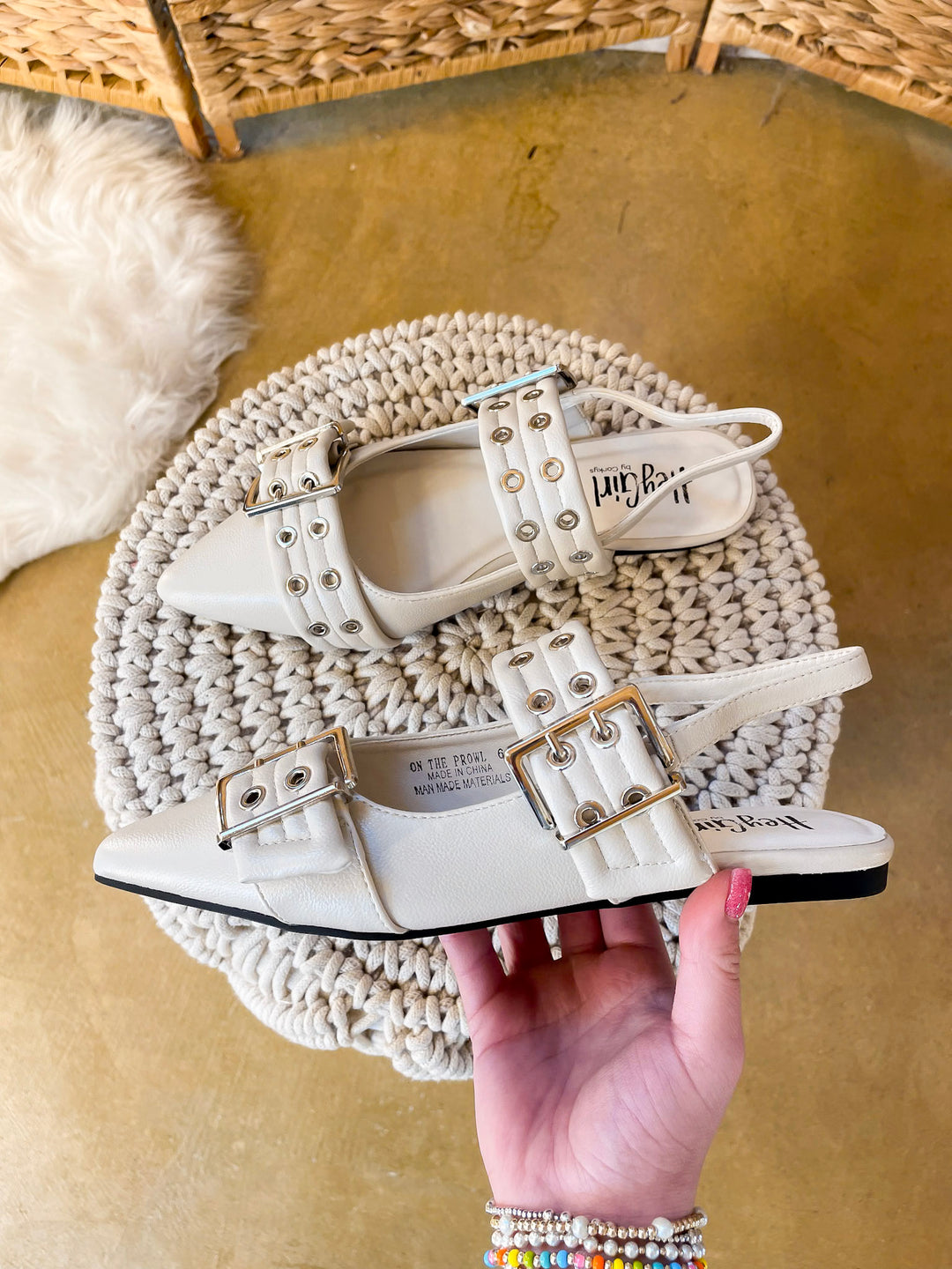 Corky's | On the Prowl Pointed Toe Buckle Slingback Mule Flat Sandal in Ivory