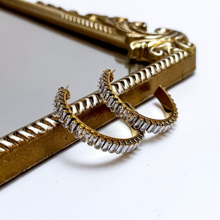 CHANSUTT PEARLS | Large Baguette Rectangle Rhinestone Hoop Earrings in Gold