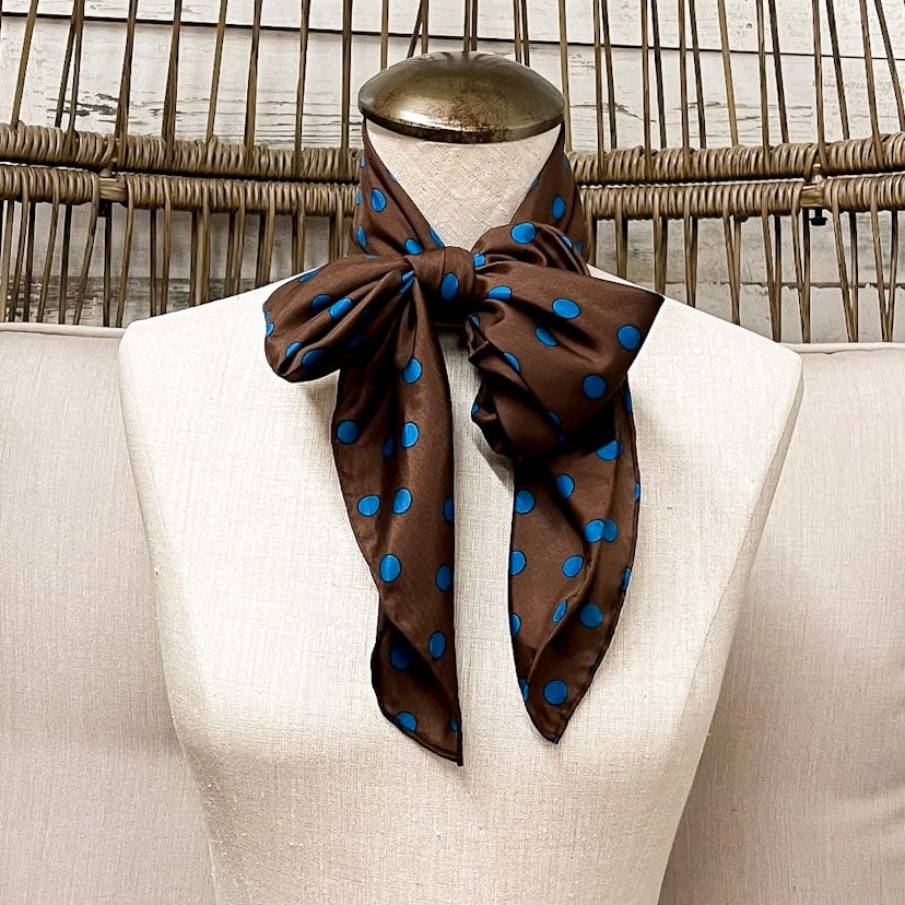 Wyoming Traders | Cowboy Polka Dot Silk Wild Rag Scarf in Mocha Brown and Turquoise