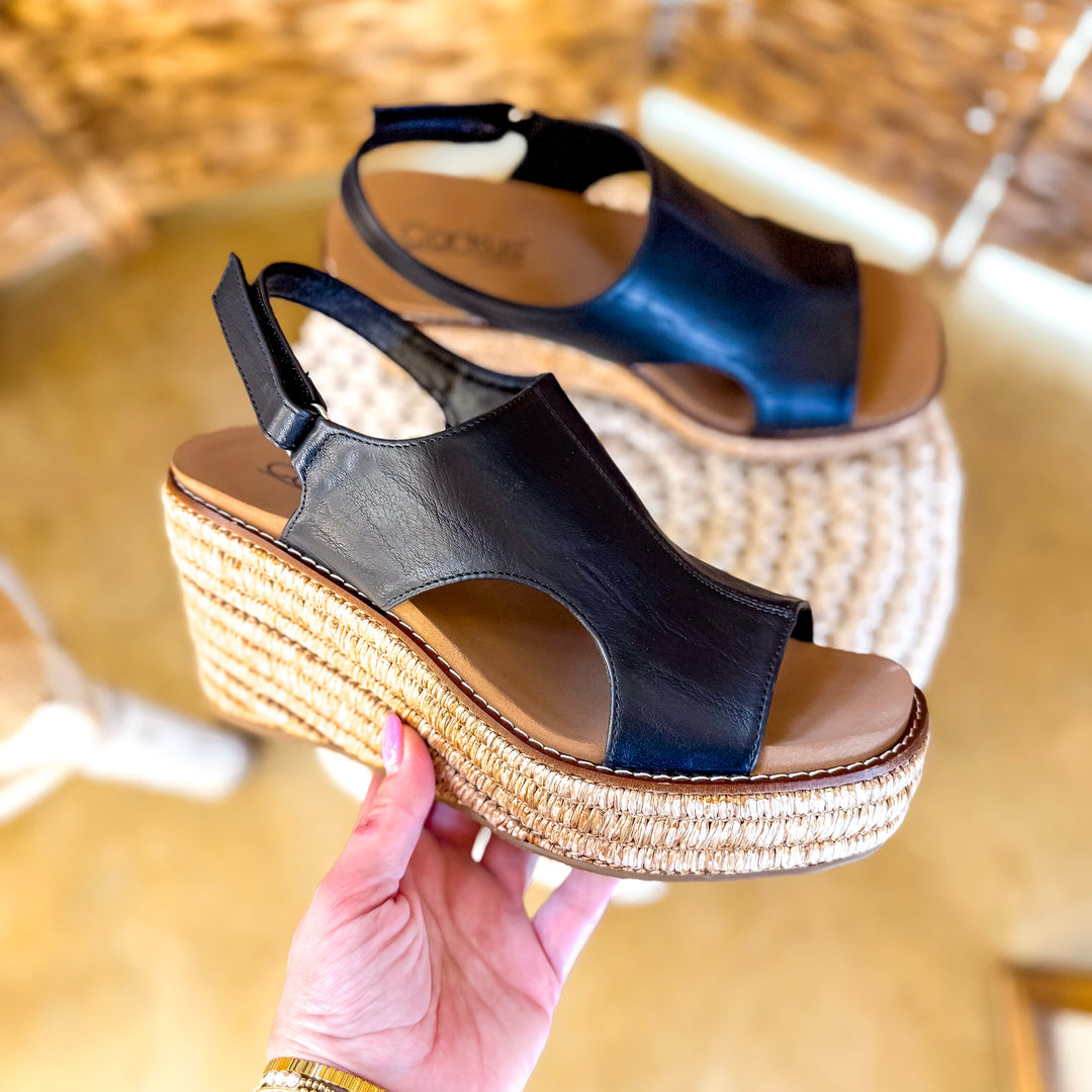 Corky's | Freddie Wedge Sandal with Velcro Strap in Black Smooth
