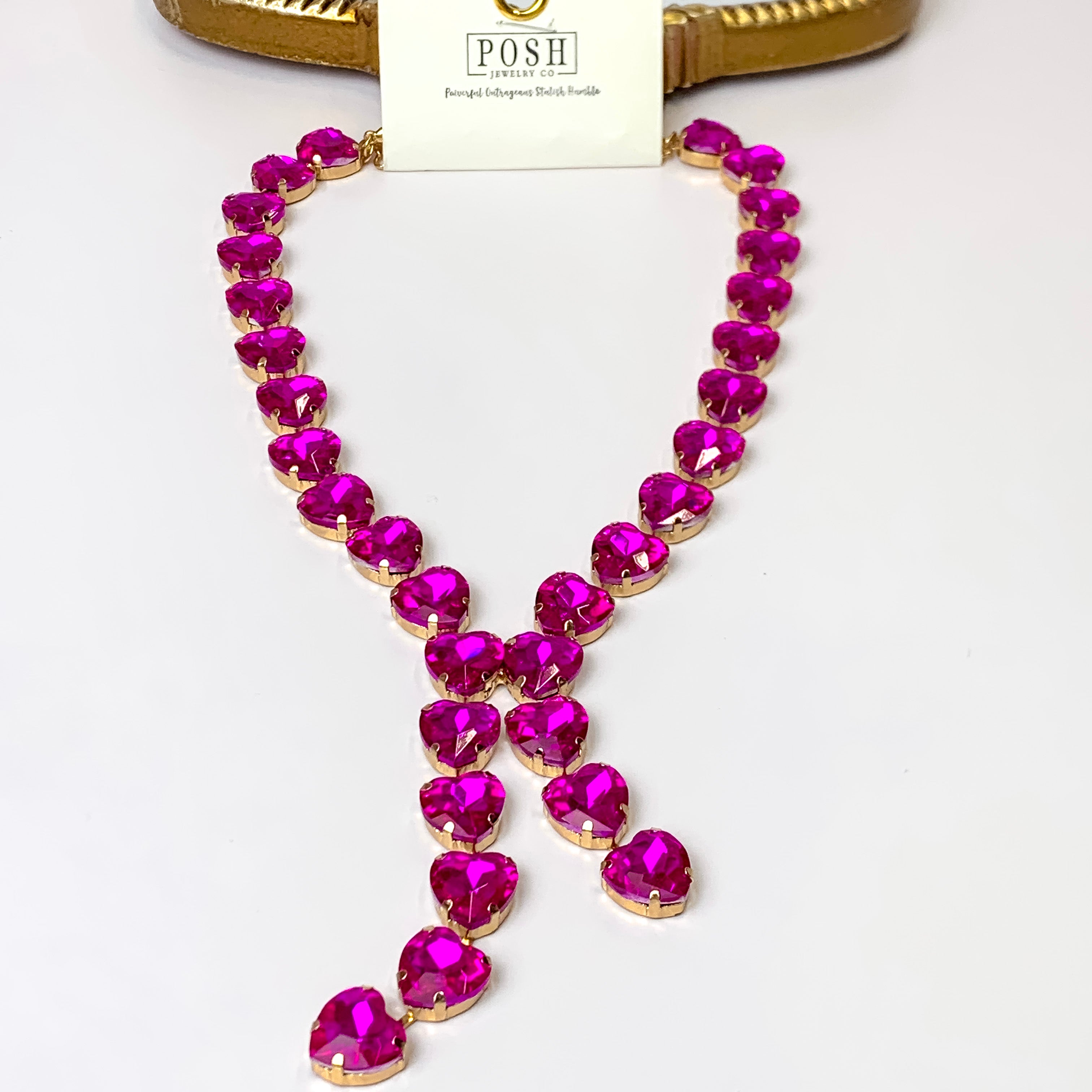 Posh by Pink Panache | Gold Tone Heart Shaped Fuchsia Crystal Lariat Necklace - Giddy Up Glamour Boutique