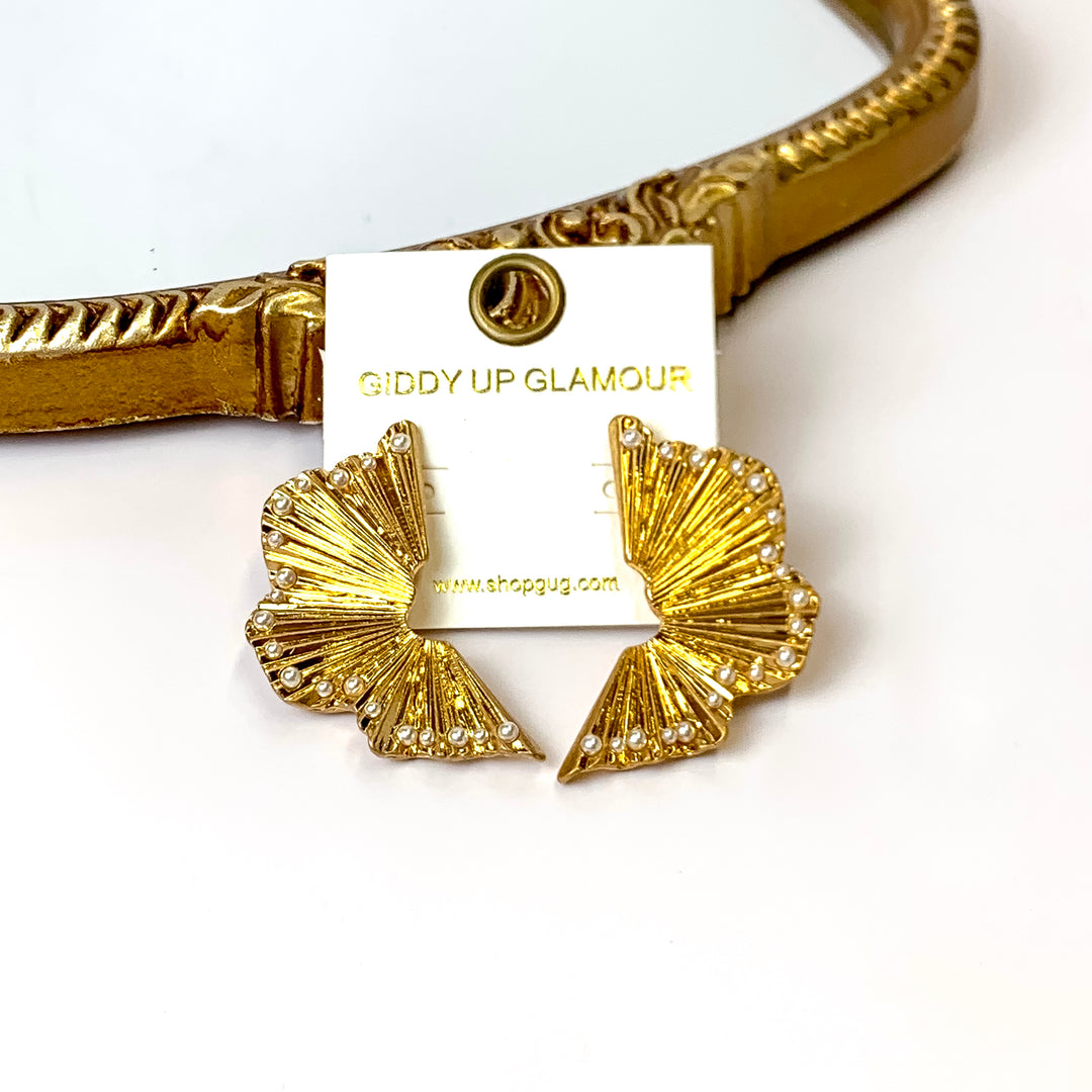 Gold Tone Irregular Shaped Stud Earrings with Pearl Accents - Giddy Up Glamour Boutique