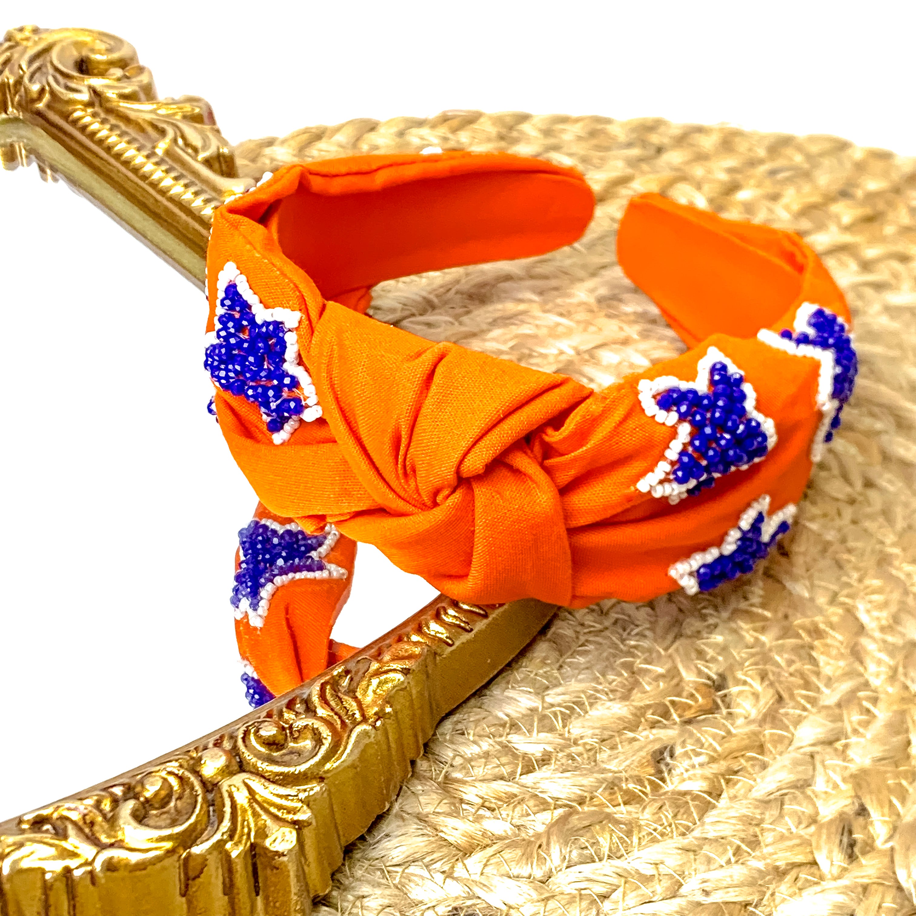 Team Spirit Orange Knot Headband with Navy Blue and White Seed Bead Stars - Giddy Up Glamour Boutique